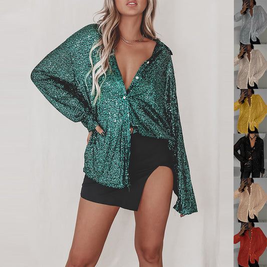 Long-sleeved Sequin Shirt Ins Fashion Lapel Tops For Party Street-style Women's Clothing