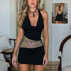 Sexy Slim Deep U-neck Dress With Sequin Mesh Patchwork Design Ins Fashion Halter Short Dresses Women's Clothing