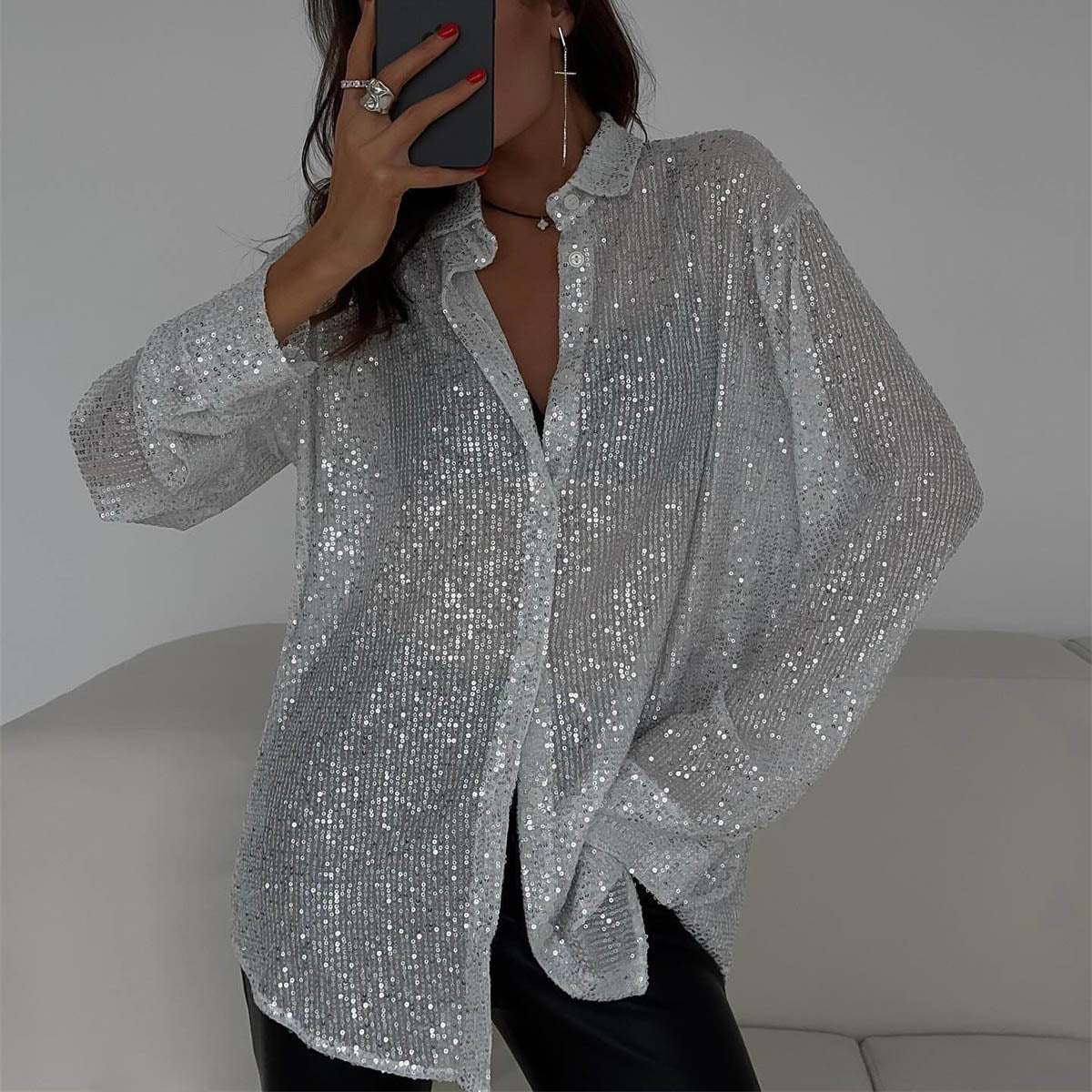 Long-sleeved Sequin Shirt Ins Fashion Lapel Tops For Party Street-style Women's Clothing