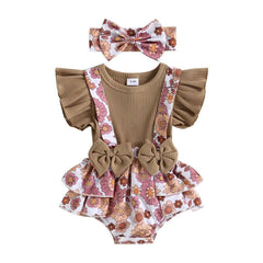 Baby Ruffle Sleeve Strap One-piece Bow Shorts