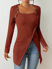 Square Collar Irregular Knitted Top With Button Design Fashion Solid Long-sleeved Long Top For Women Clothing