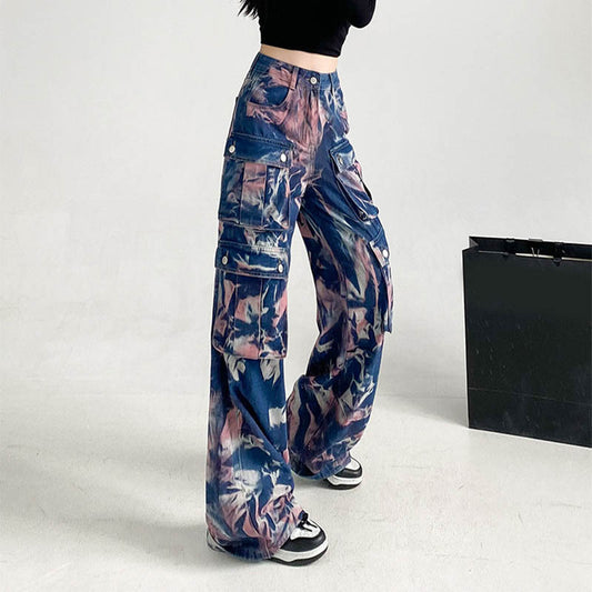 New Tie-dye Cargo Trousers With Pockets Y2K Fashion High Waist Loose Wide Leg Pants Spring And Autumn