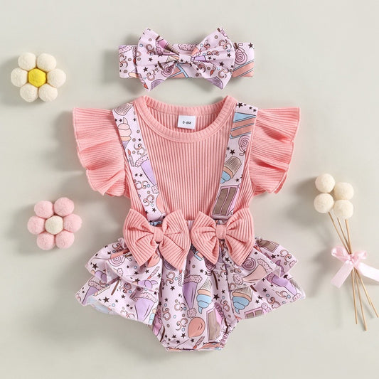 Baby Ruffle Sleeve Strap One-piece Bow Shorts