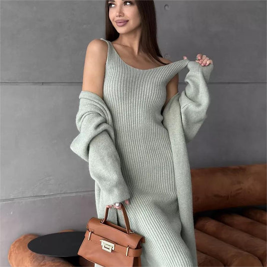 2pcs Knitted Suit Fashion Slim Sleeveless Long Dress And Casual Loose Cardigan Spring Fall Women's Clothing